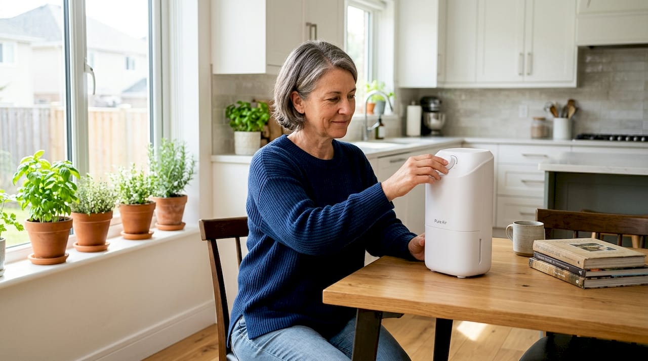Woman adjusting home dehumidifier in living room