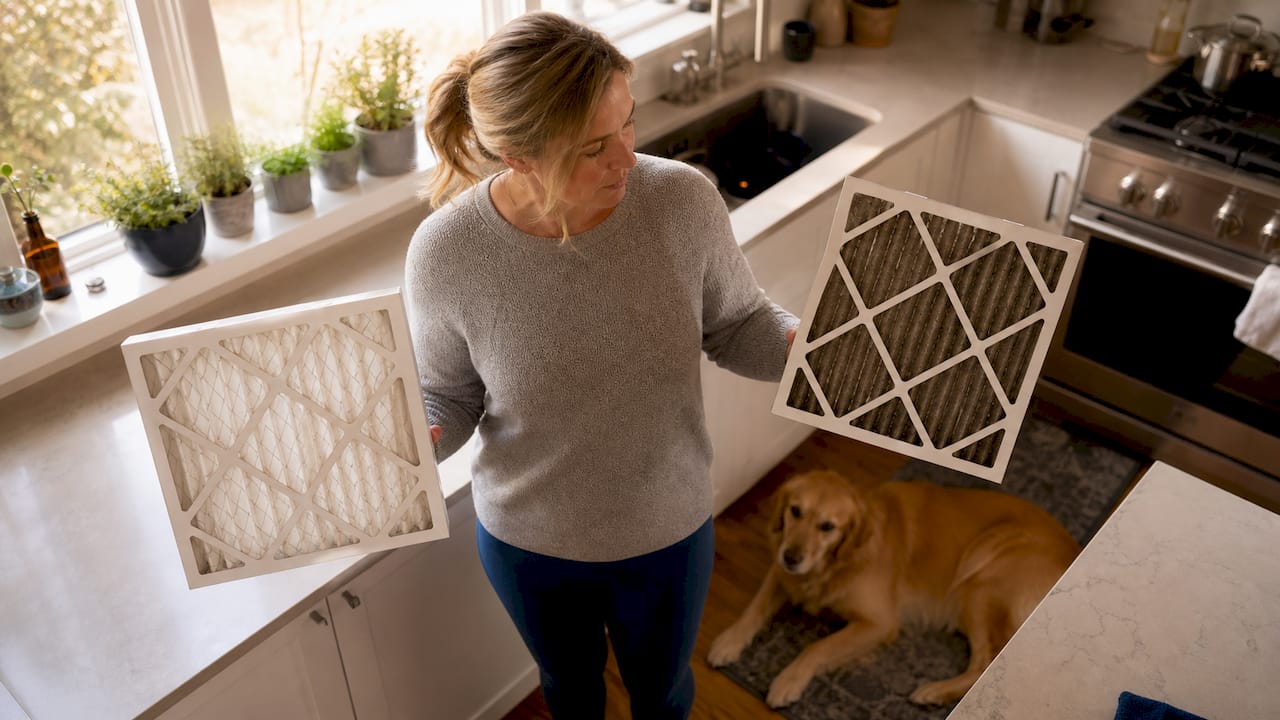 Woman comparing new and old pet home air filters