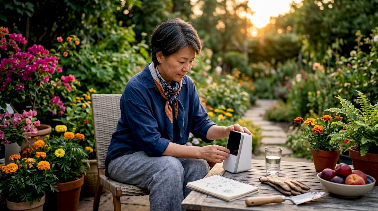 Woman setting up indoor air quality monitor at home