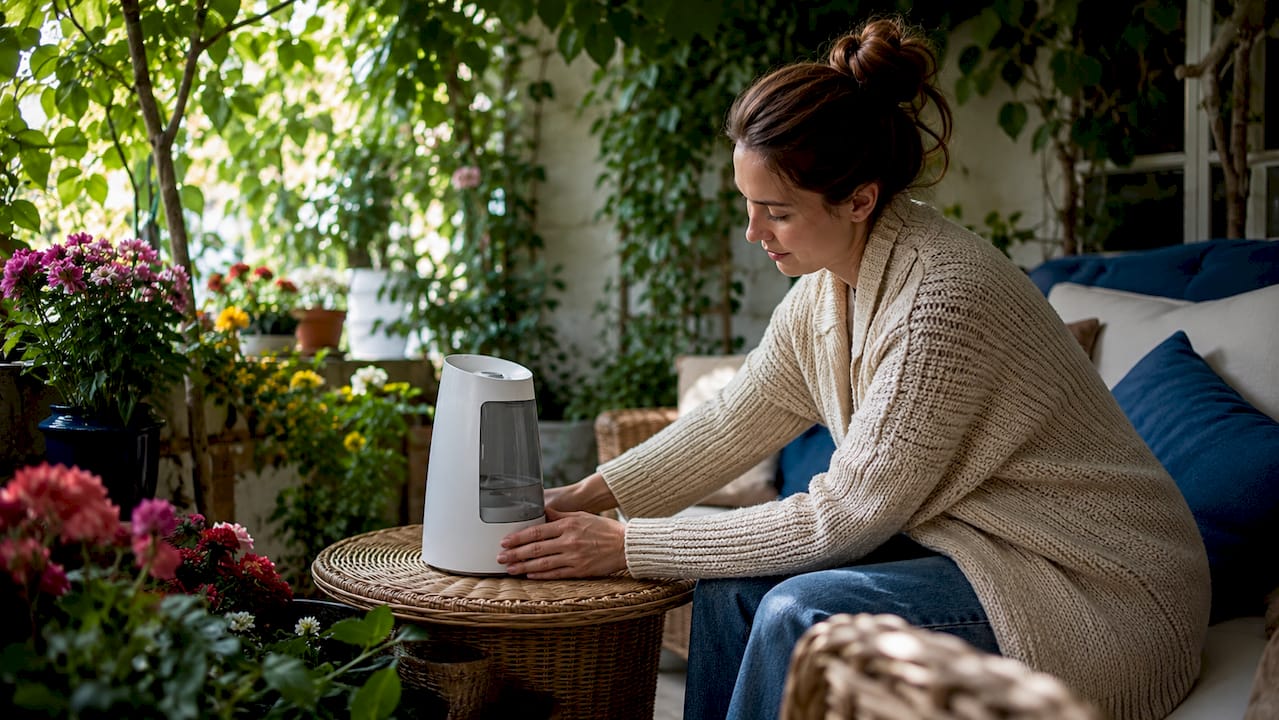 Mother placing cool-mist humidifier in nursery