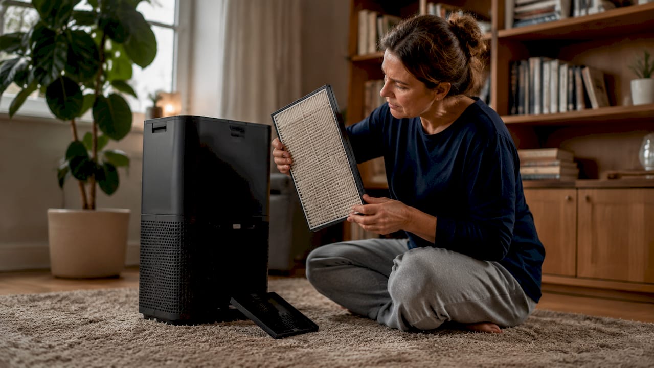 Woman inspecting air purifier filter at home