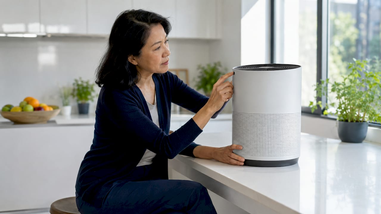 Woman adjusting air purifier in home living room