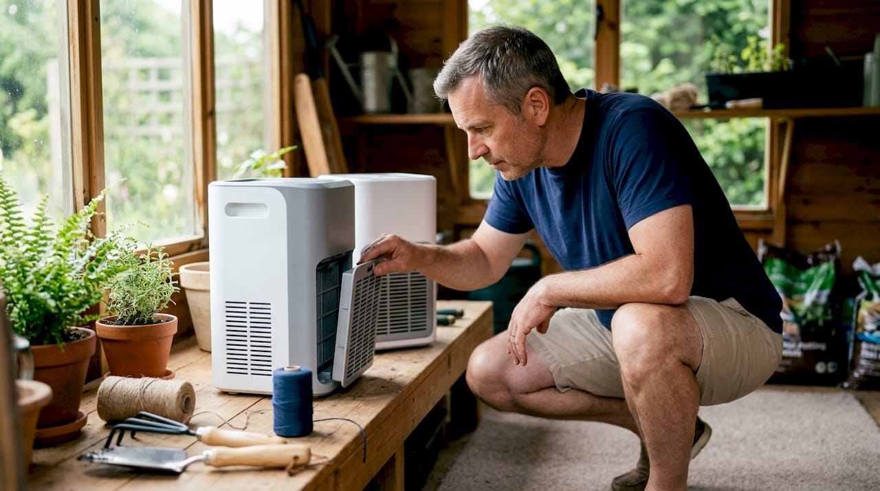 Man comparing home air purifiers