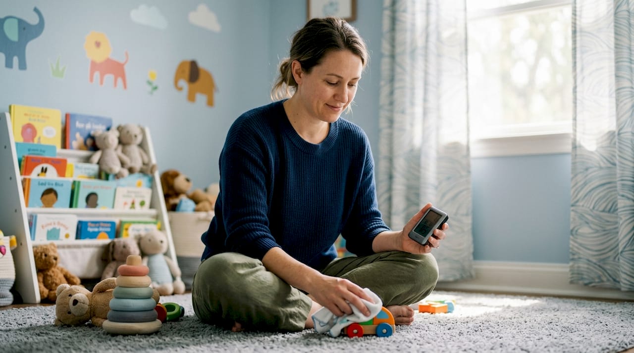 Mother checking child's bedroom air quality