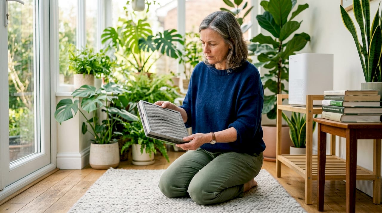 Woman inspecting HEPA filter in living room
