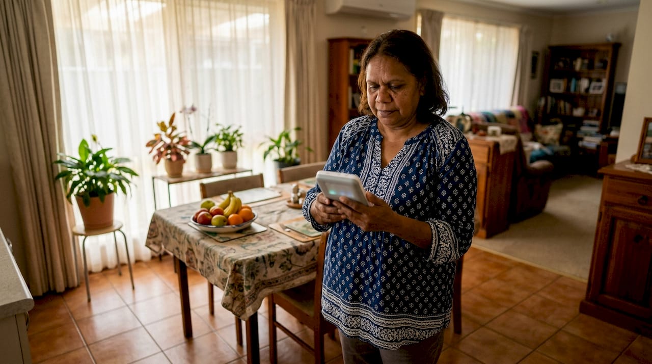 Woman checking indoor air quality device in home