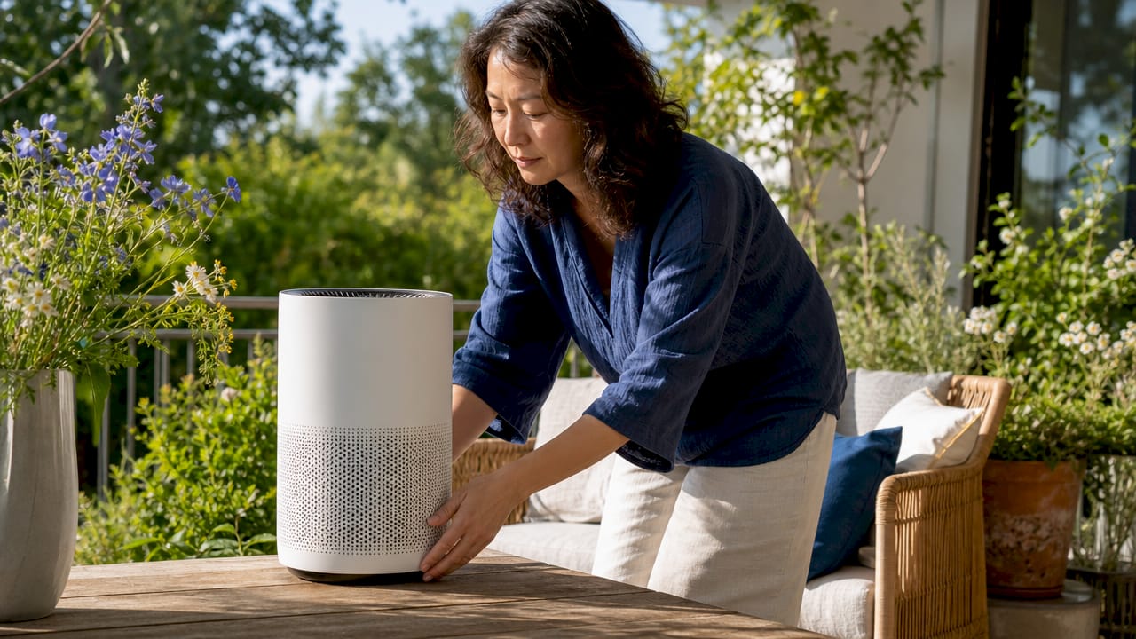 Woman placing air purifier on living room shelf