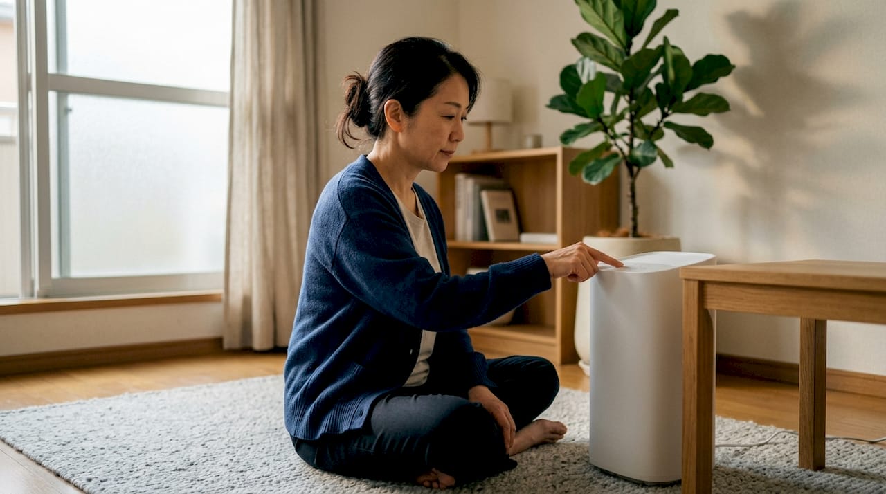 Woman adjusting air purifier at home