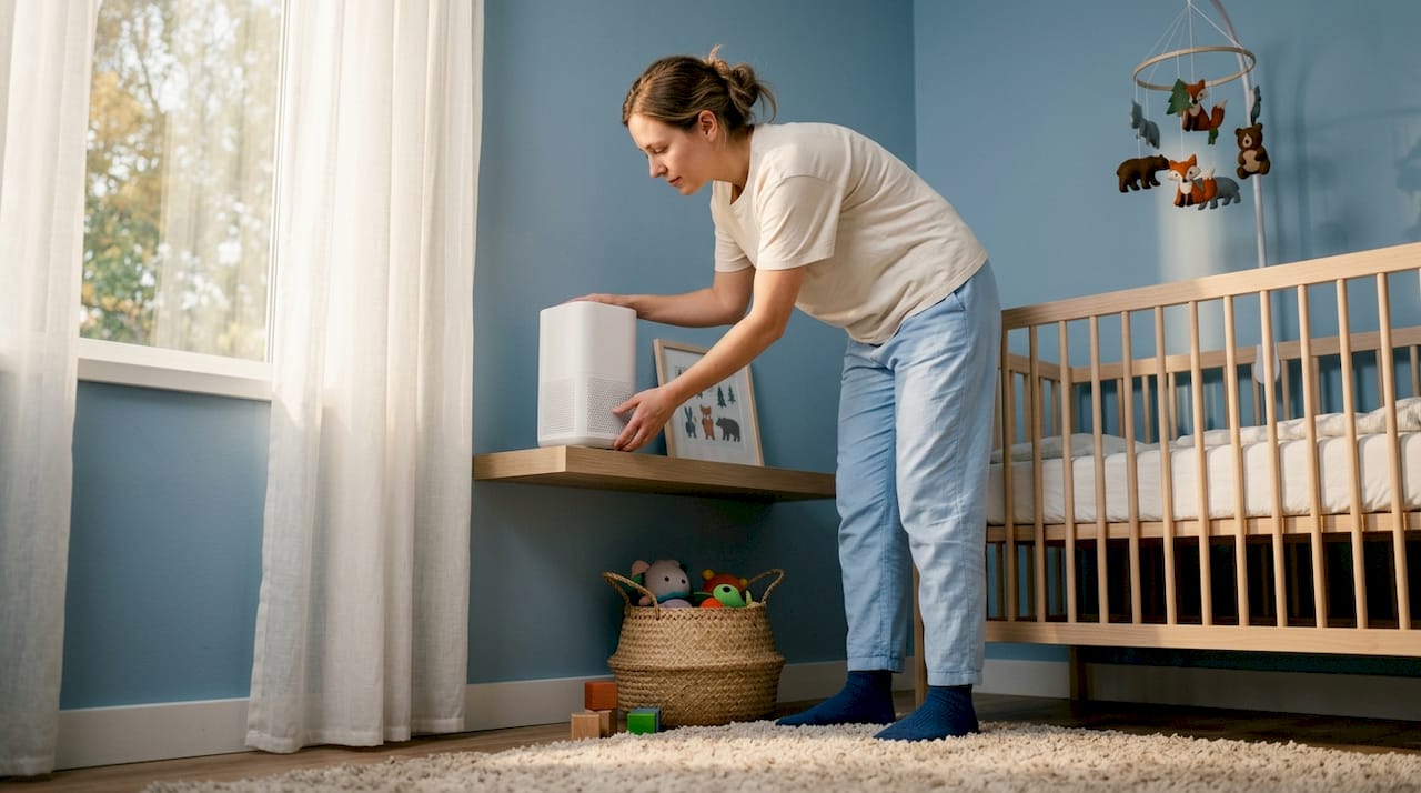 Mother placing child-safe air purifier in nursery