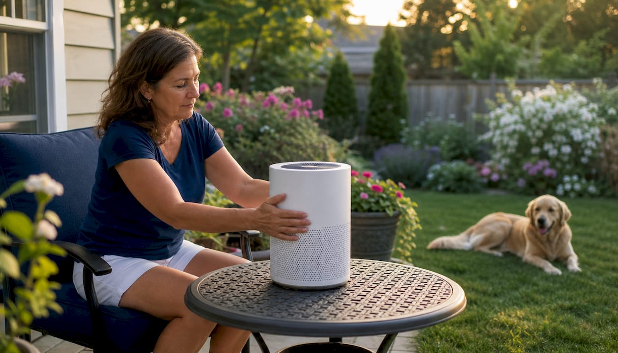 Woman setting up air purifier in living room