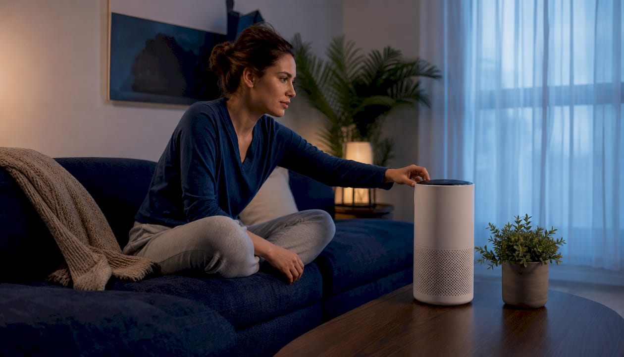 Woman adjusting quiet air purifier in bedroom