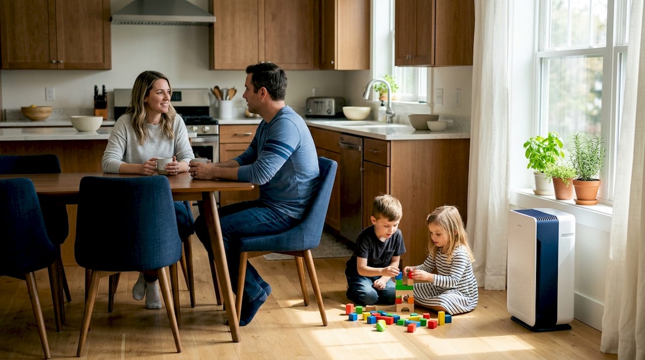Family in living room with air purifier