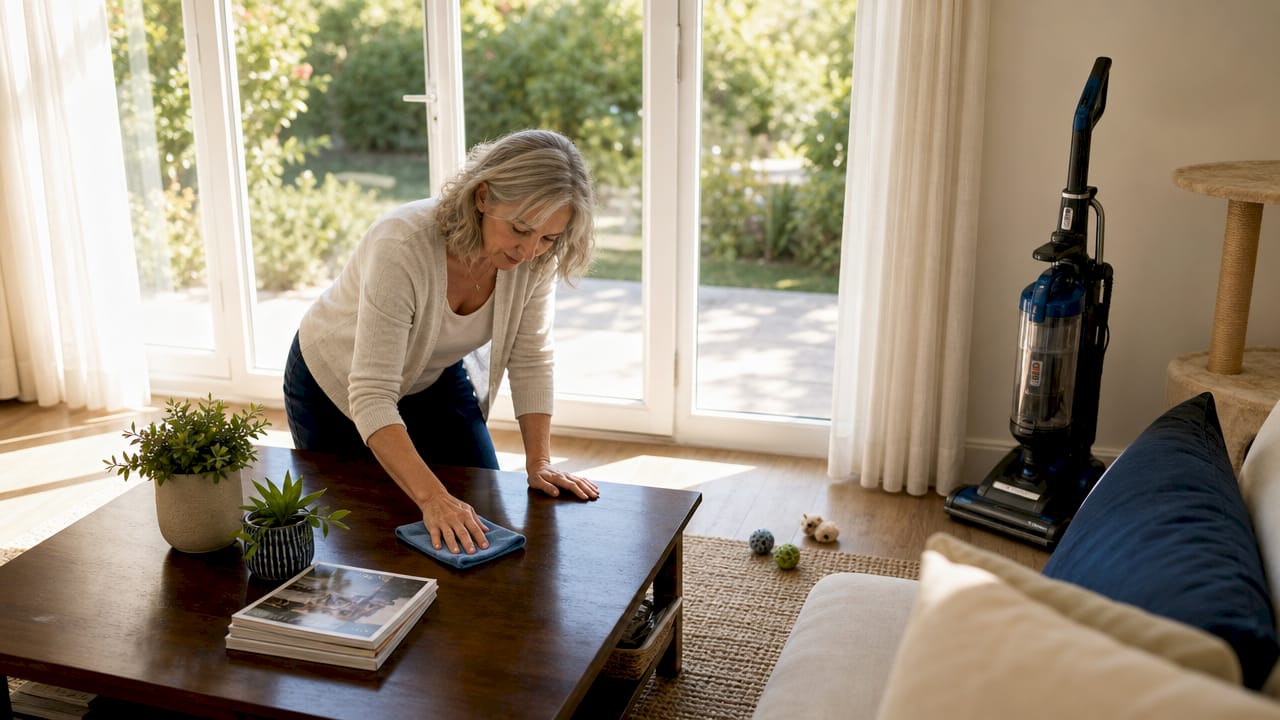 Woman cleaning dust off bookshelf with microfiber cloth
