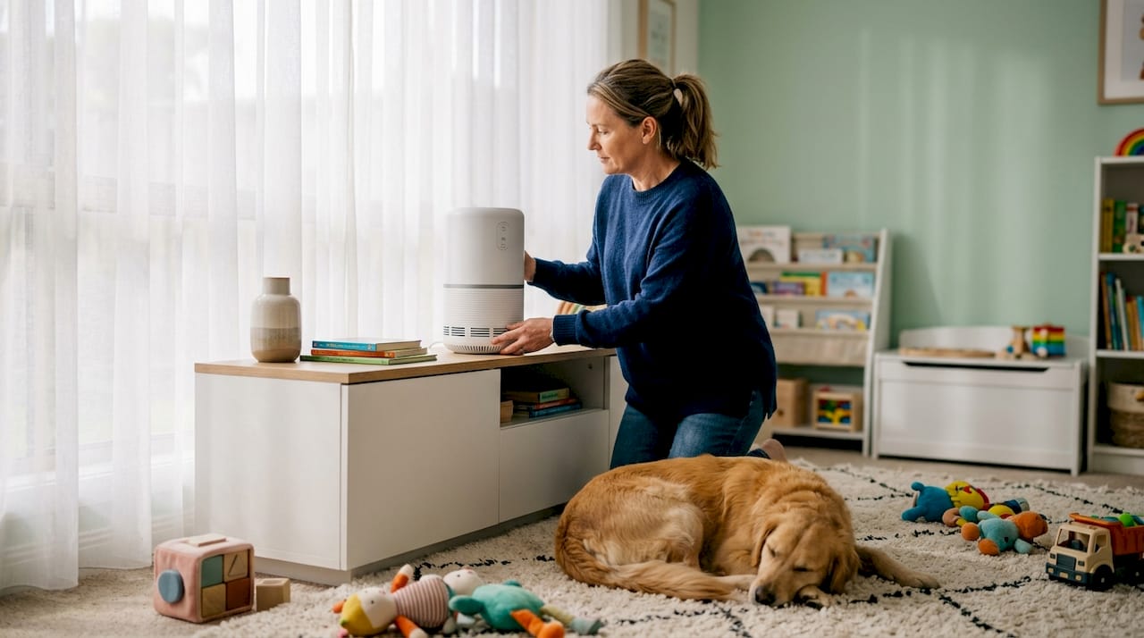 Woman placing air purifier near cat in living room