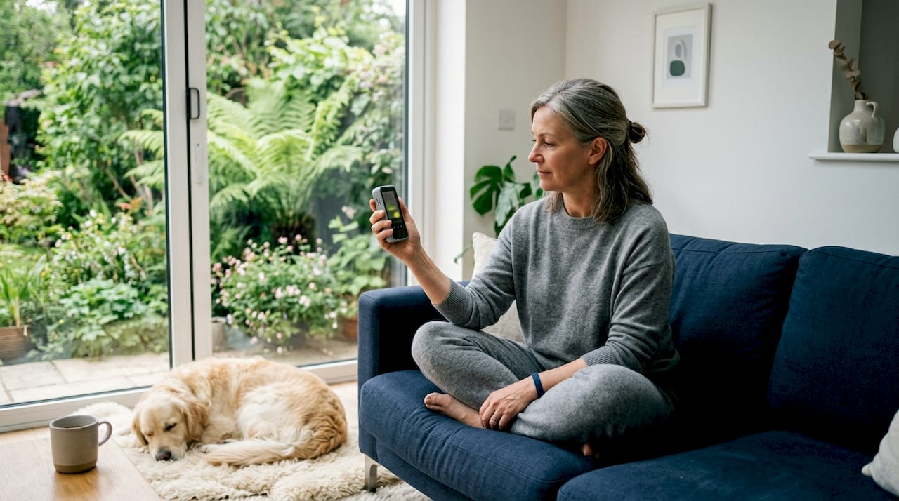 Woman using air quality tester in pet-friendly living room