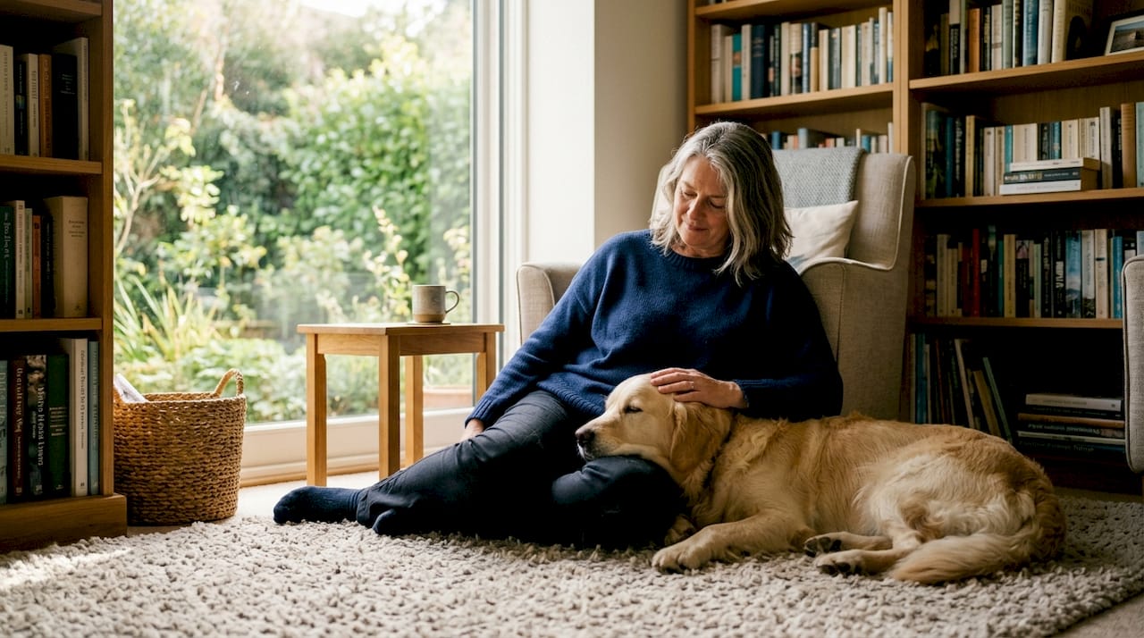 Woman with pet in living room with allergens