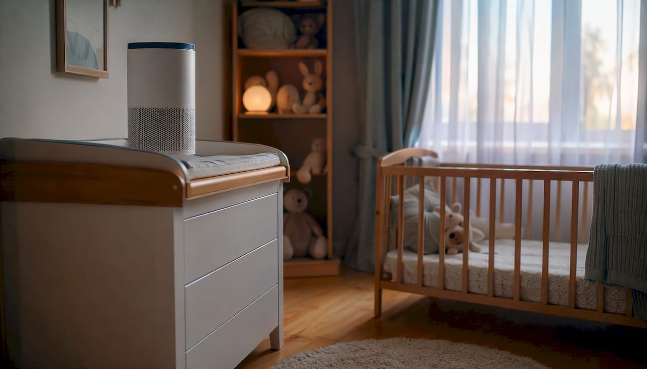 Air purifier placed on chest beside baby crib