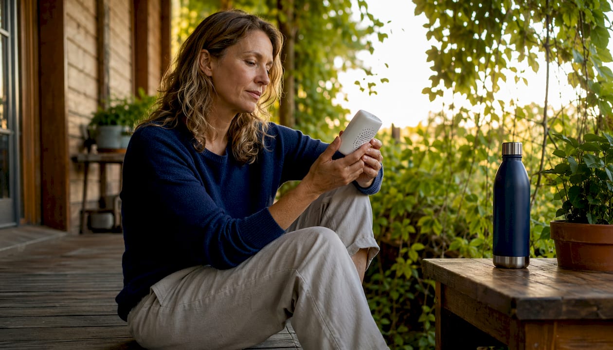 Woman checking portable air quality monitor at home