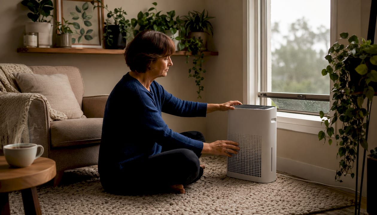 Woman setting up HEPA purifier indoors
