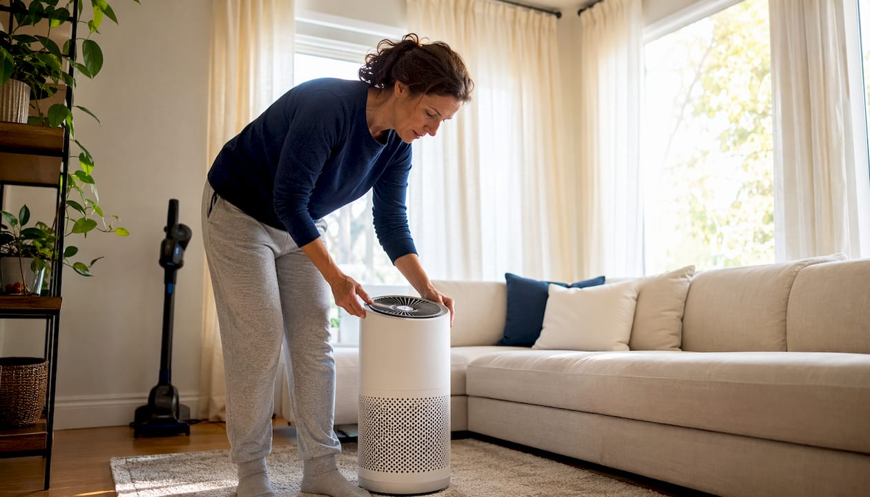 Woman adjusting HEPA air purifier in bedroom