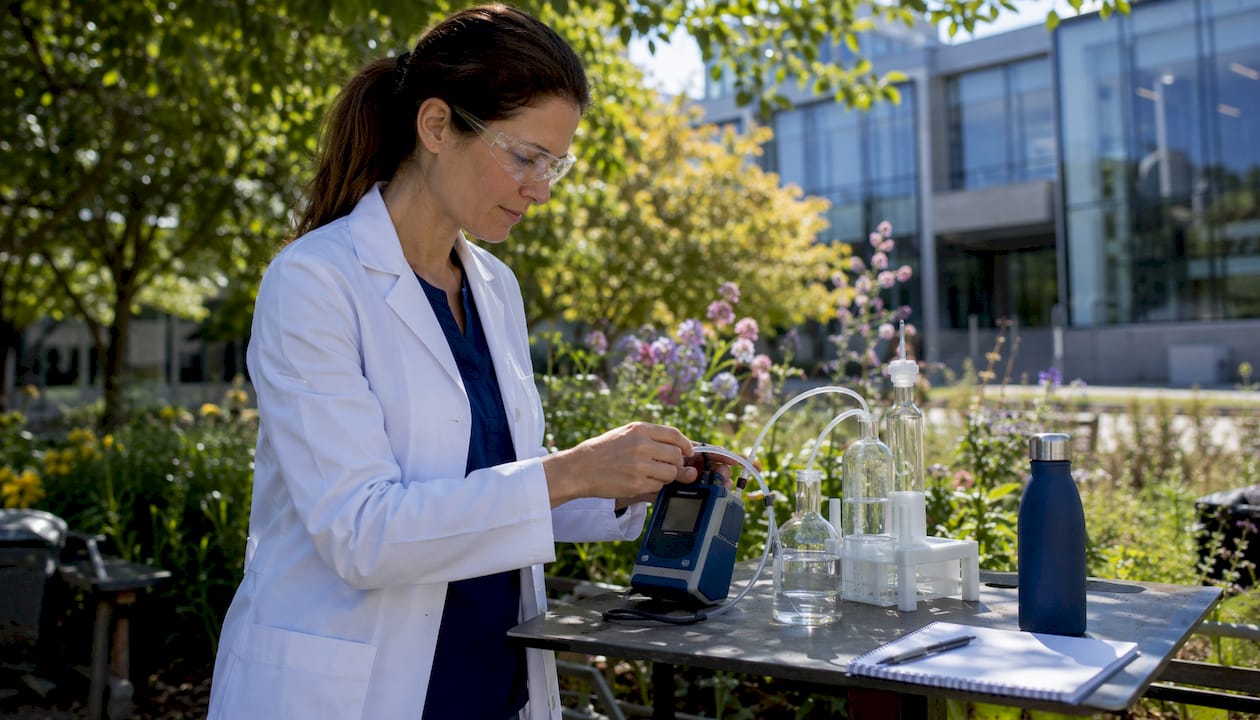 Scientist measuring humidity and air quality in lab