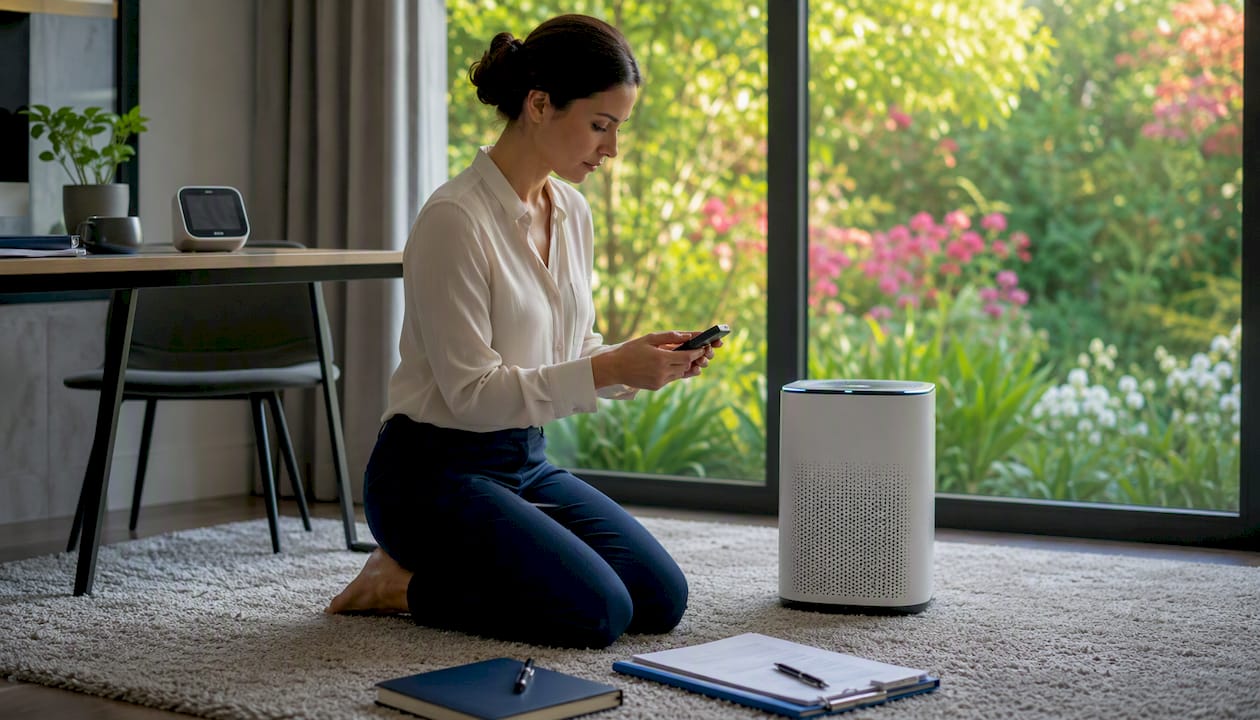Woman adjusting home air purifier settings